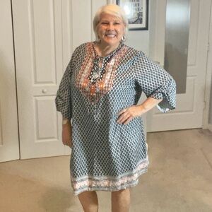 3XL Boho Tunic Dress – Printed Neckline – Navy/White/Multicolor, LIKE NEW